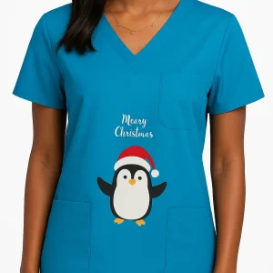 EliteCare Christmas Scrub Top Penguin - Image 1