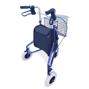 Blue tri walker with basket tray and zip storage bag