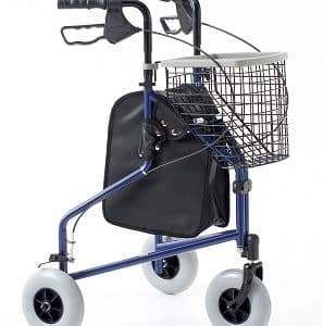 Blue tri walker with basket tray and zip storage bag