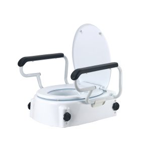 Raised toilet seat with lid, adjustable height and flip-back armrests