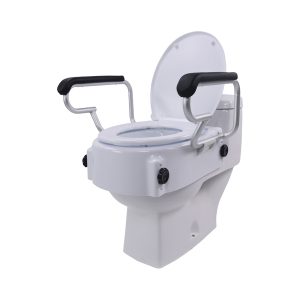 Raised toilet seat with lid, adjustable height and flip-back armrests