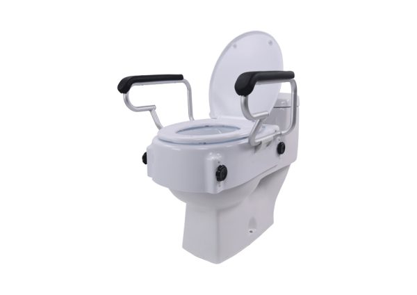 Raised toilet seat with lid, adjustable height and flip-back armrests