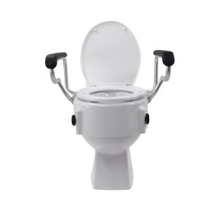 Raised toilet seat with lid, adjustable height and flip-back armrests