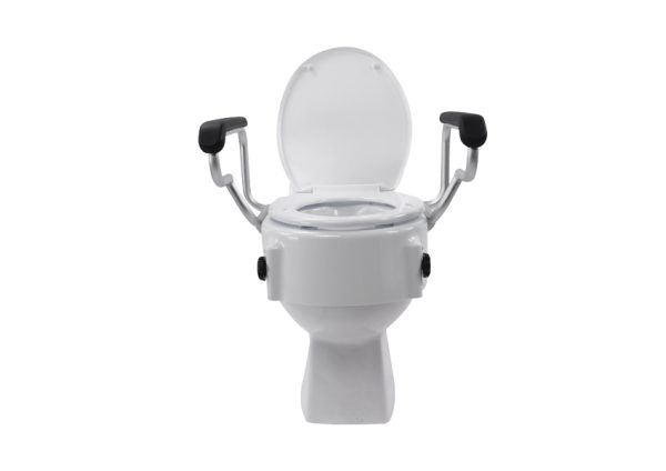 Raised toilet seat with lid, adjustable height and flip-back armrests