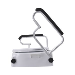 Raised toilet seat with lid, adjustable height and flip-back armrests