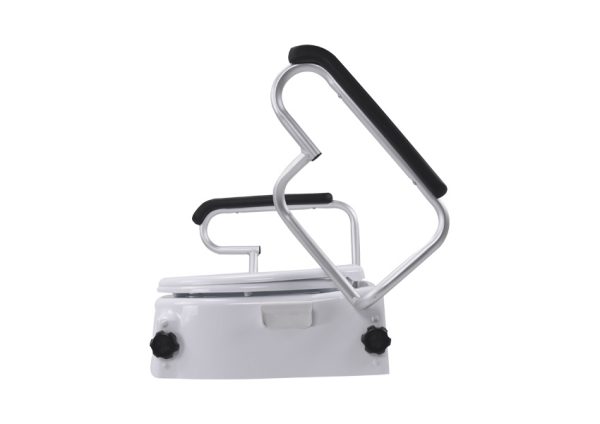 Raised toilet seat with lid, adjustable height and flip-back armrests