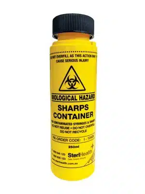 Vital Medical Supplies Bio-Can Sharps Container 250ml with yellow container and red lid